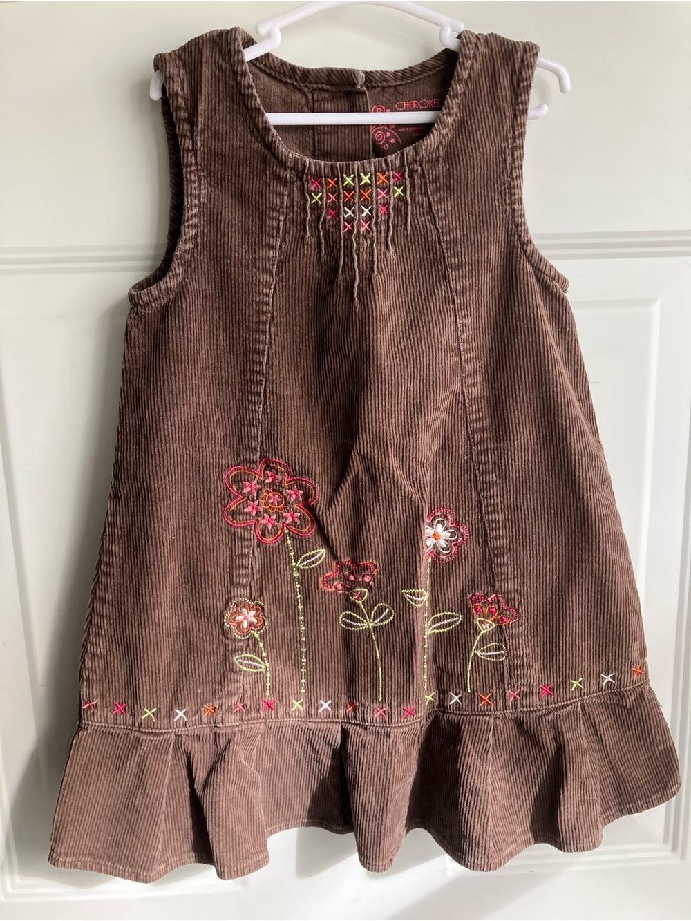 Vintage Cherokee brown corduroy dress floral embroidered 3T